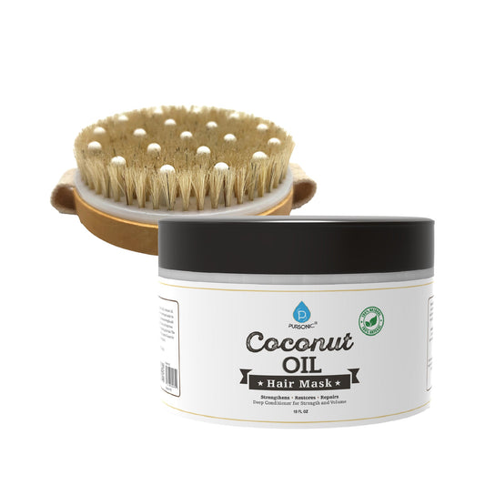 Hair Care and Massage Bundle: Bath Brush and Rubber Massager with Lotus wooden handle + 100% Natural Coconut Oil Hair Mask 10 Oz