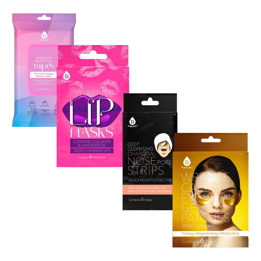 Pursonic Radiant Skin & Lip Care Bundle – Makeup Removal Wipes, Wrinkle Care Eye Gel Patches, Hydrating Lip Masks, & Deep Cleansing Charcoal Nose Strips